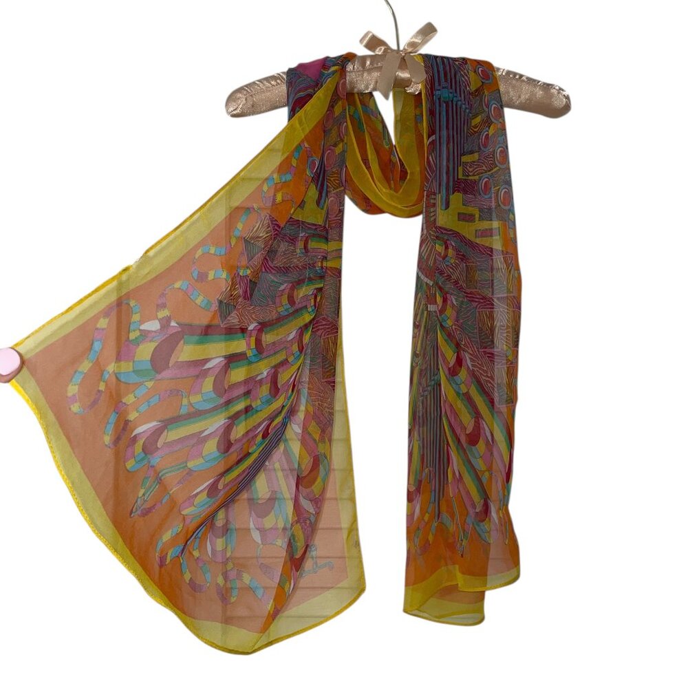 Colorful Patterned Long Orange Transparent‎ Spring Silk Modal Scarf 63” x 21” - Picture 8 of 8